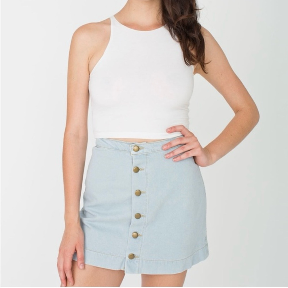 American Apparel light wash blue button front a line denim high waist skirt